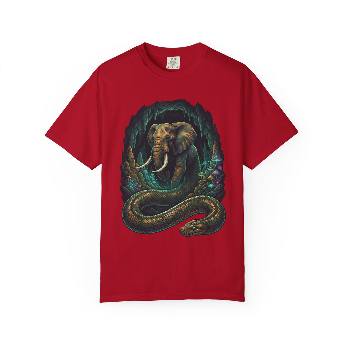 Color: Red | Grootslang (South African Mythology) Unisex Garment-Dyed Tee