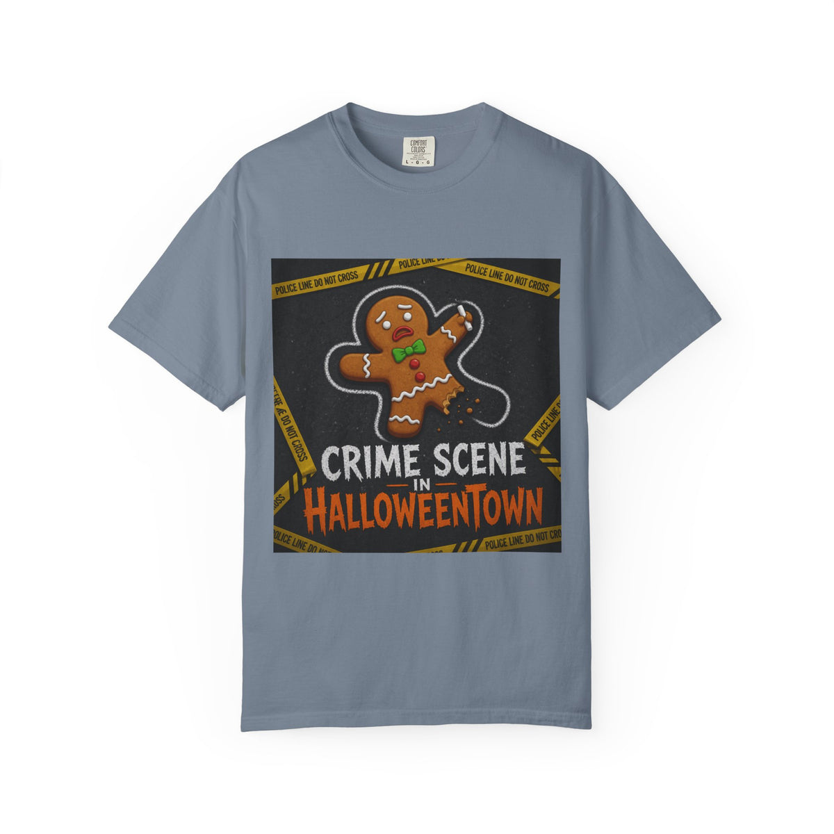 Color: Blue Jean | Crime Scene in Halloweentown Unisex Garment-Dyed Tee