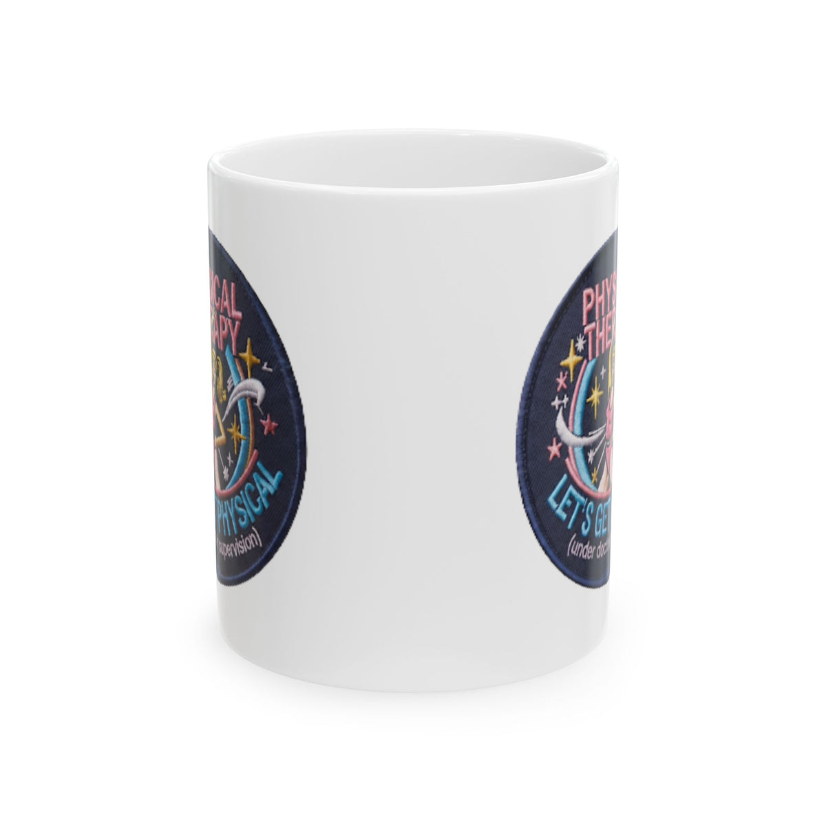 "Let's Get Physical" White Ceramic Mug — Graphic