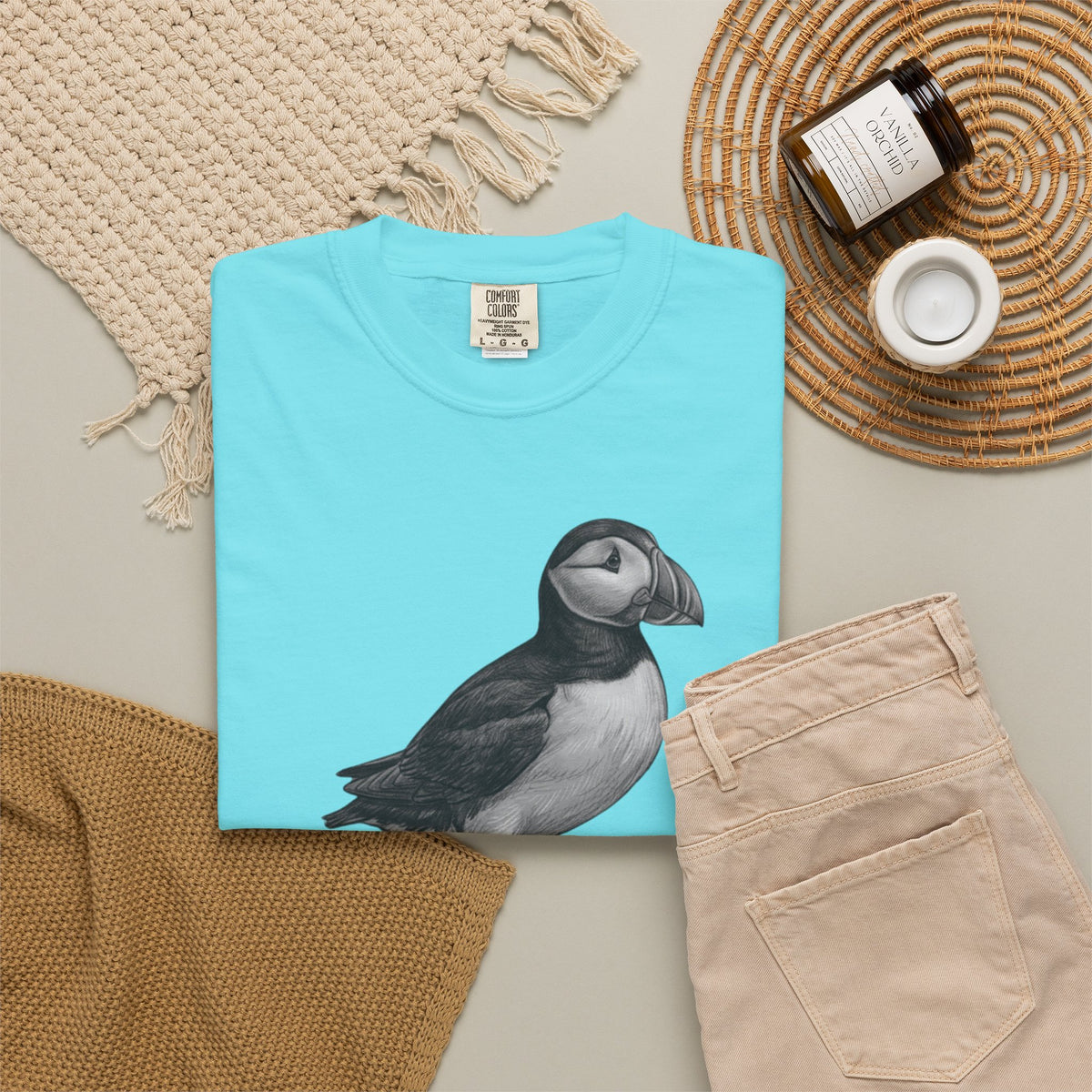 "Pencil Sketch Art Puffin" Unisex Garment-Dyed Tee