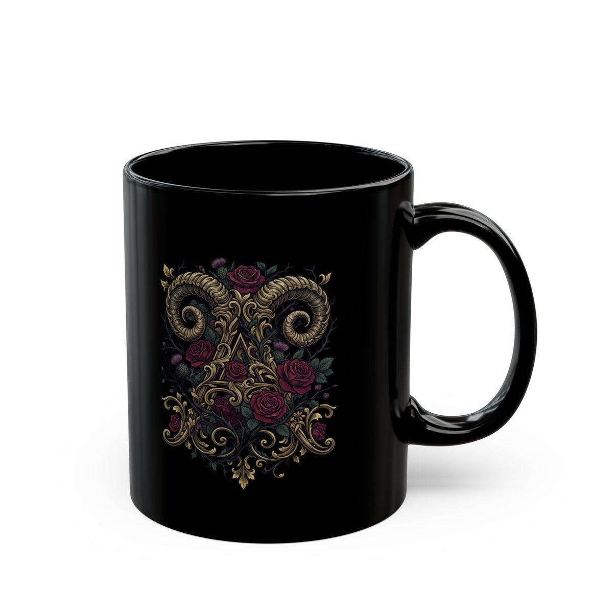"Floral Monogram Aries" Black Ceramic Mug