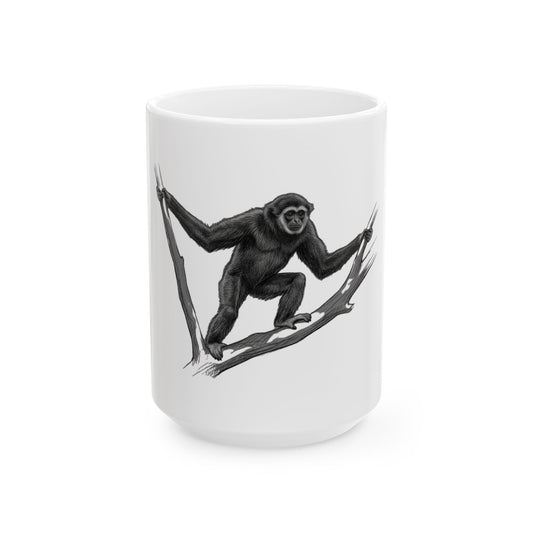 "Pencil Sketch Art Gibbon" White Ceramic Mug