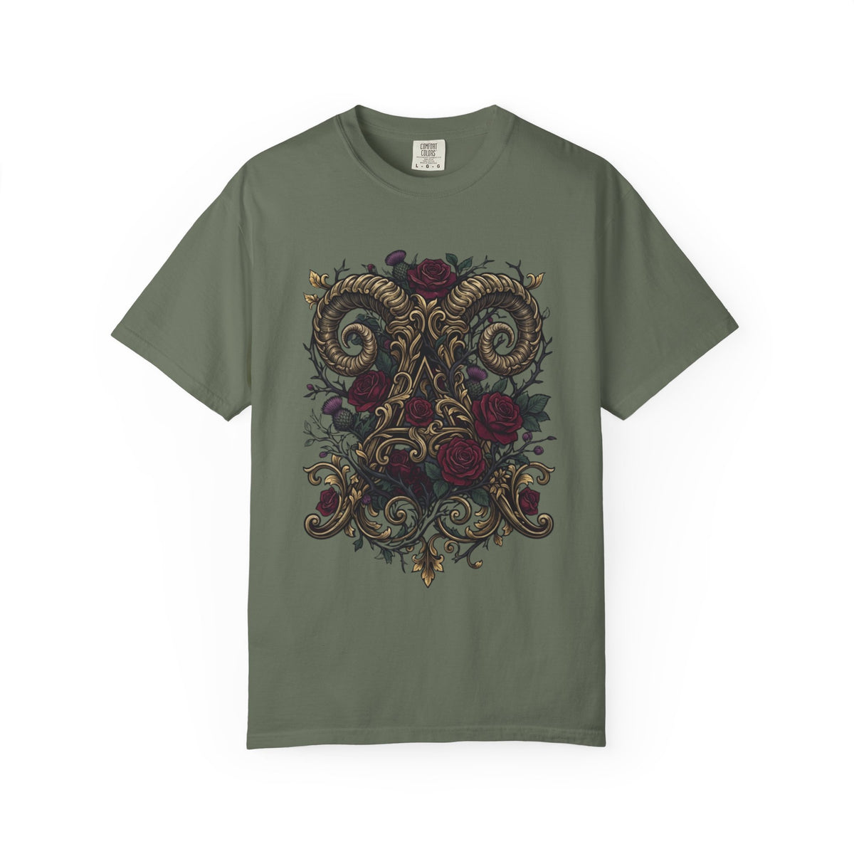 Color: Moss | Floral Monogram Aries Unisex Garment-Dyed Tee