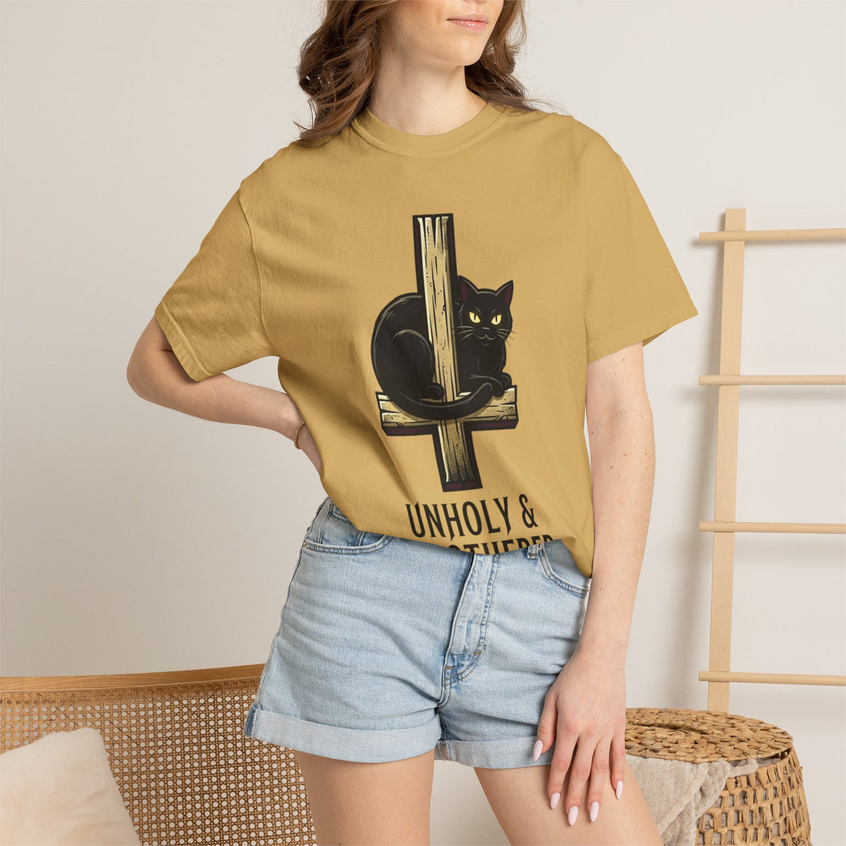 Color: Mustard | Unholy and Unbothered Unisex Garment-Dyed Tee