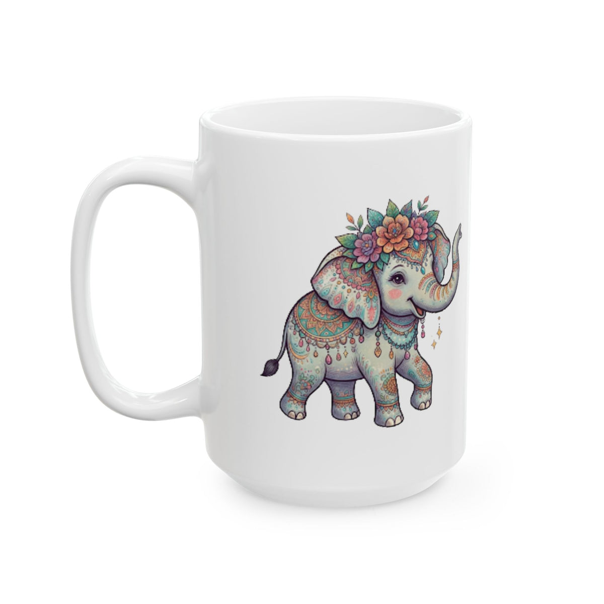 "Hippy Elephant" White Ceramic Mug