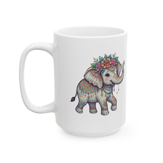 "Hippy Elephant" White Ceramic Mug