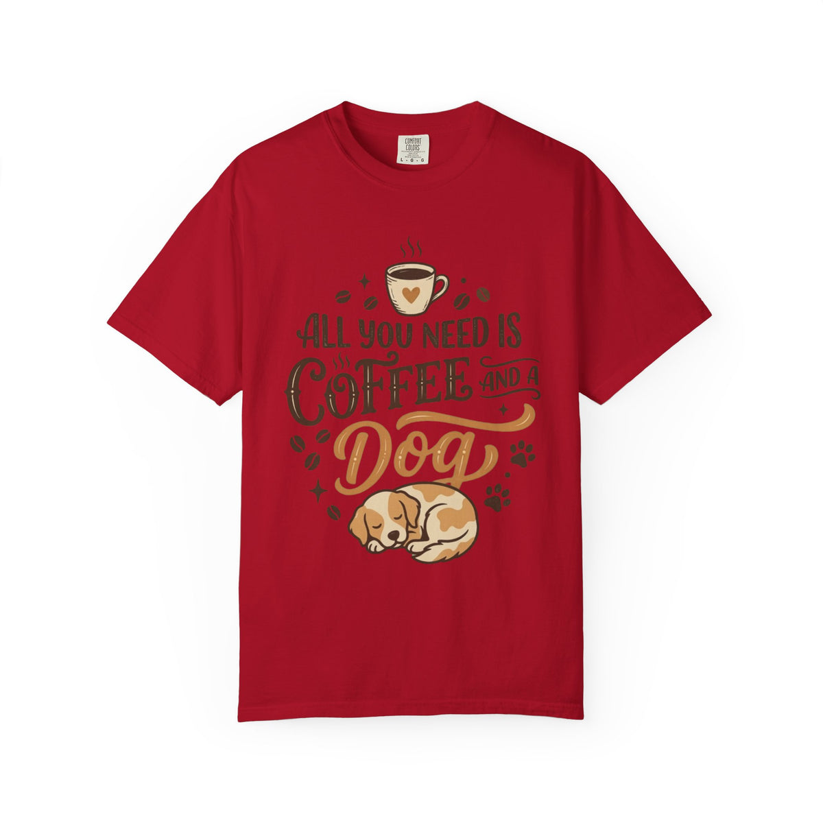 Color: Red | Coffee and a Dog Unisex Garment-Dyed Tee
