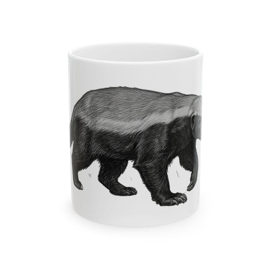 "Pencil Sketch Art Honey Badger" White Ceramic Mug