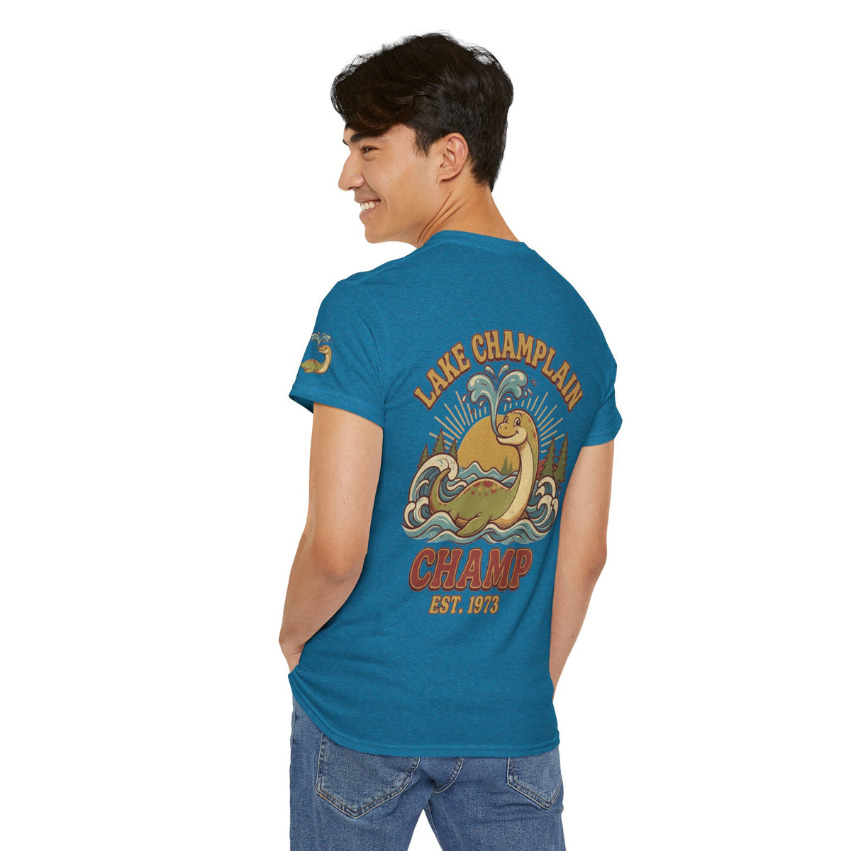Color: Antique Sapphire | Champ (Lake Champlain) Premium Graphic Tee