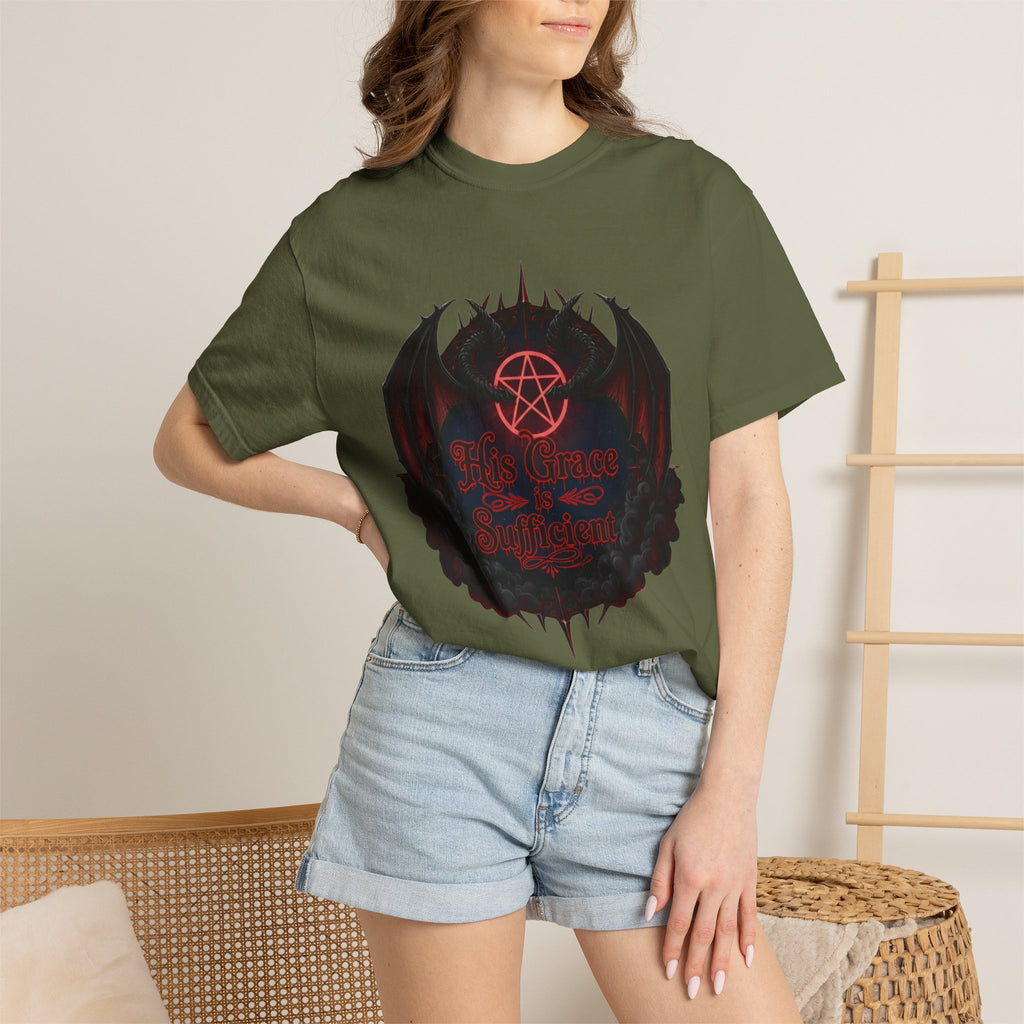 "His Grace is Sufficient Gothic T-Shirt" Unisex Garment-Dyed T-shirt