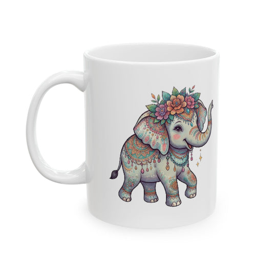 "Hippy Elephant" White Ceramic Mug