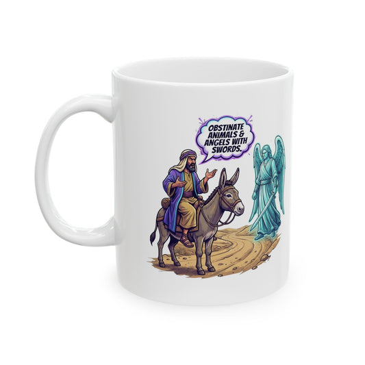 "Good Book Series Obstinate Animals & Angels With Swords" White Ceramic Mug