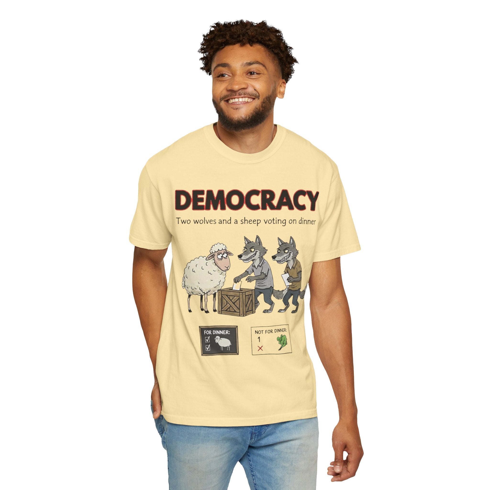 "Democracy (Two Wolves and a Sheep" Unisex Garment-Dyed T-shirt