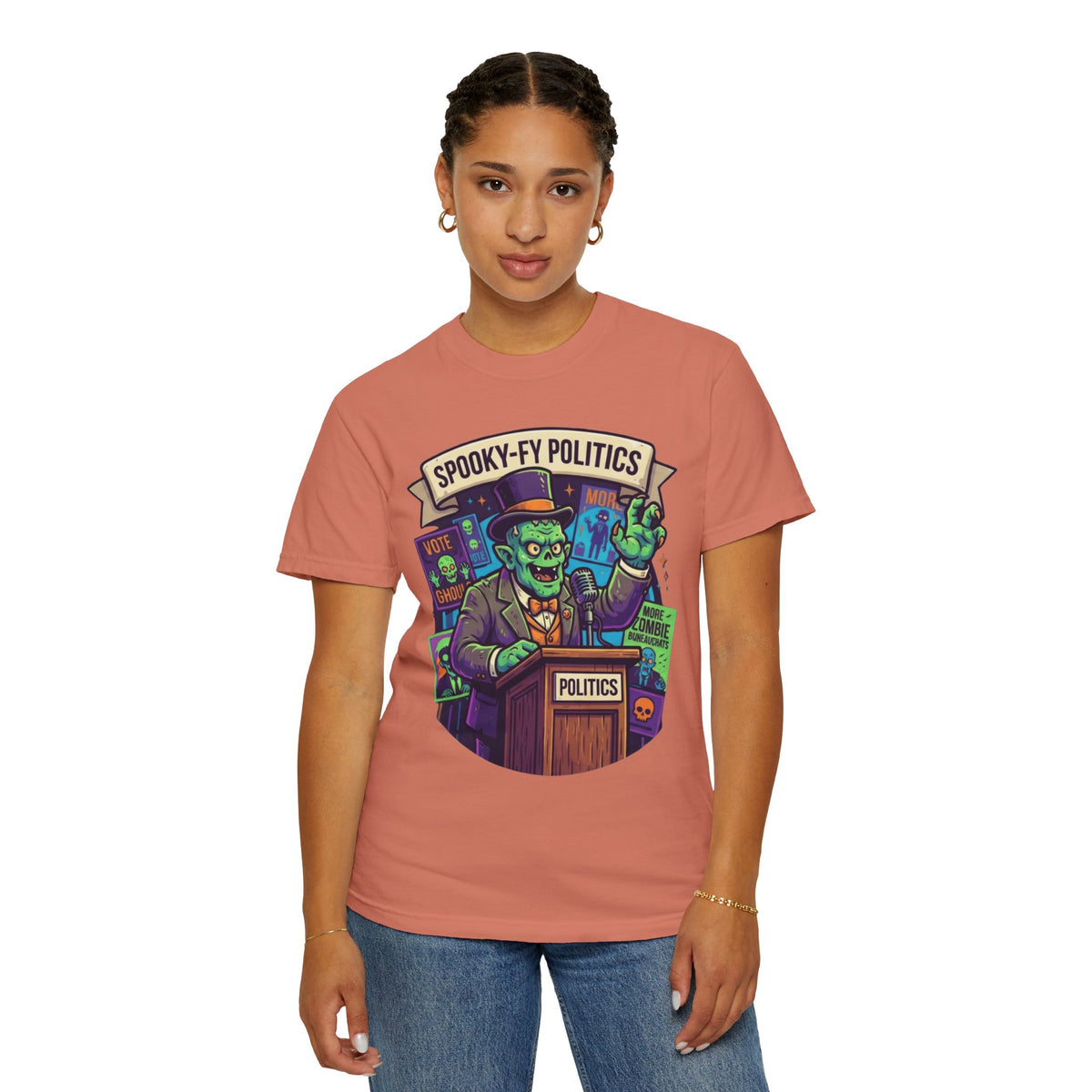 Color: Terracotta | Spooky-Fy Politics Unisex Garment-Dyed Tee