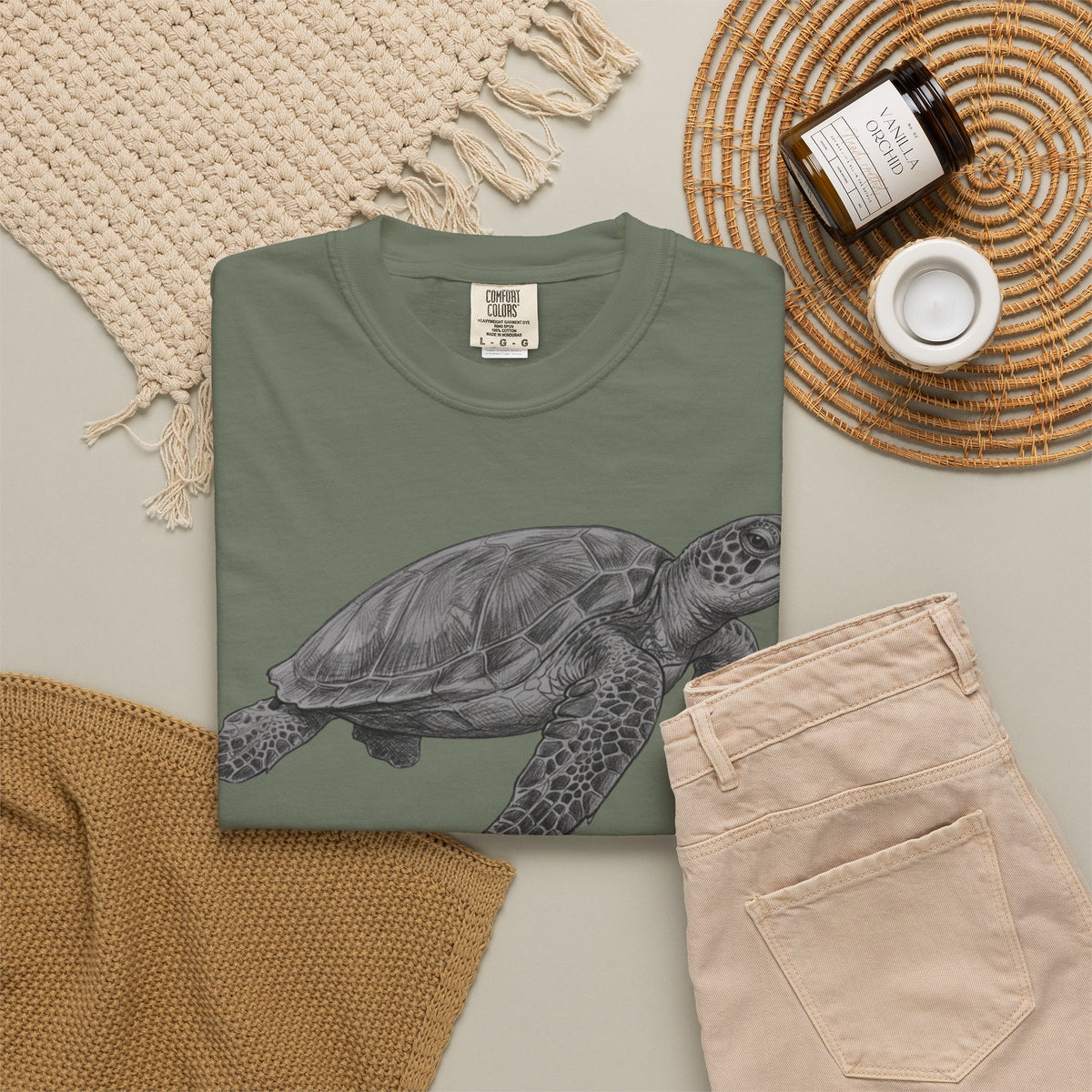 "Pencil Sketch Art Sea Turtle" Unisex Garment-Dyed Tee