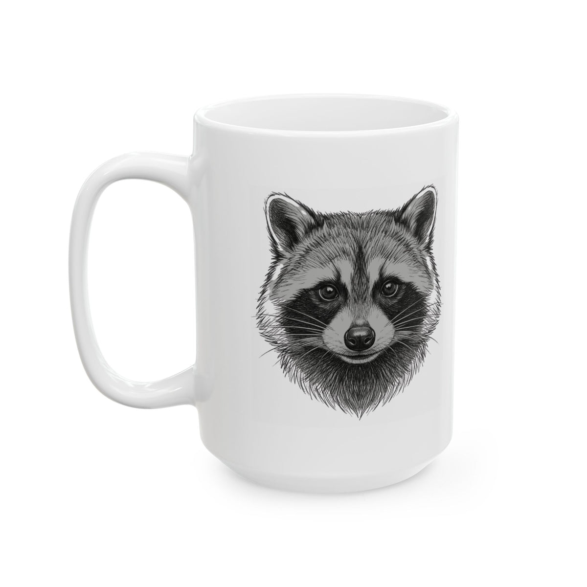 "Pencil Sketch Art Raccoon" White Ceramic Mug — Graphic