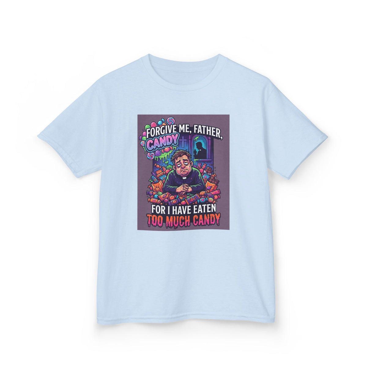 Color: Light Blue | Forgive Me Father Too Much Candy Kids Tee