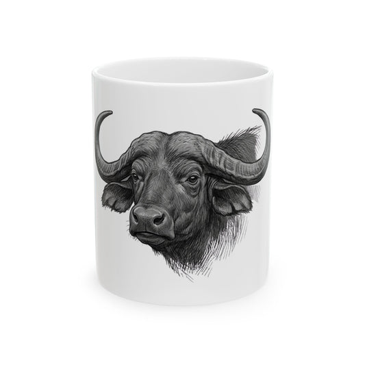 "Pencil Sketch Art Cape Buffalo" White Ceramic Mug — Graphic