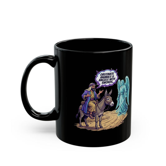 "Good Book Series Obstinate Animals & Angels With Swords" Black Ceramic Mug
