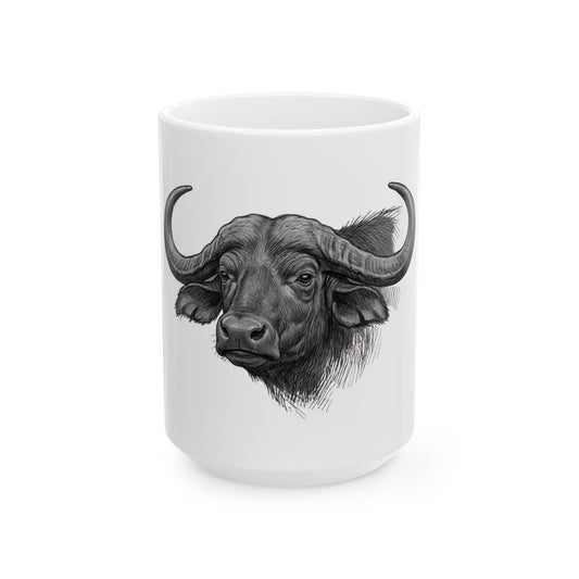 "Pencil Sketch Art Cape Buffalo" White Ceramic Mug — Graphic
