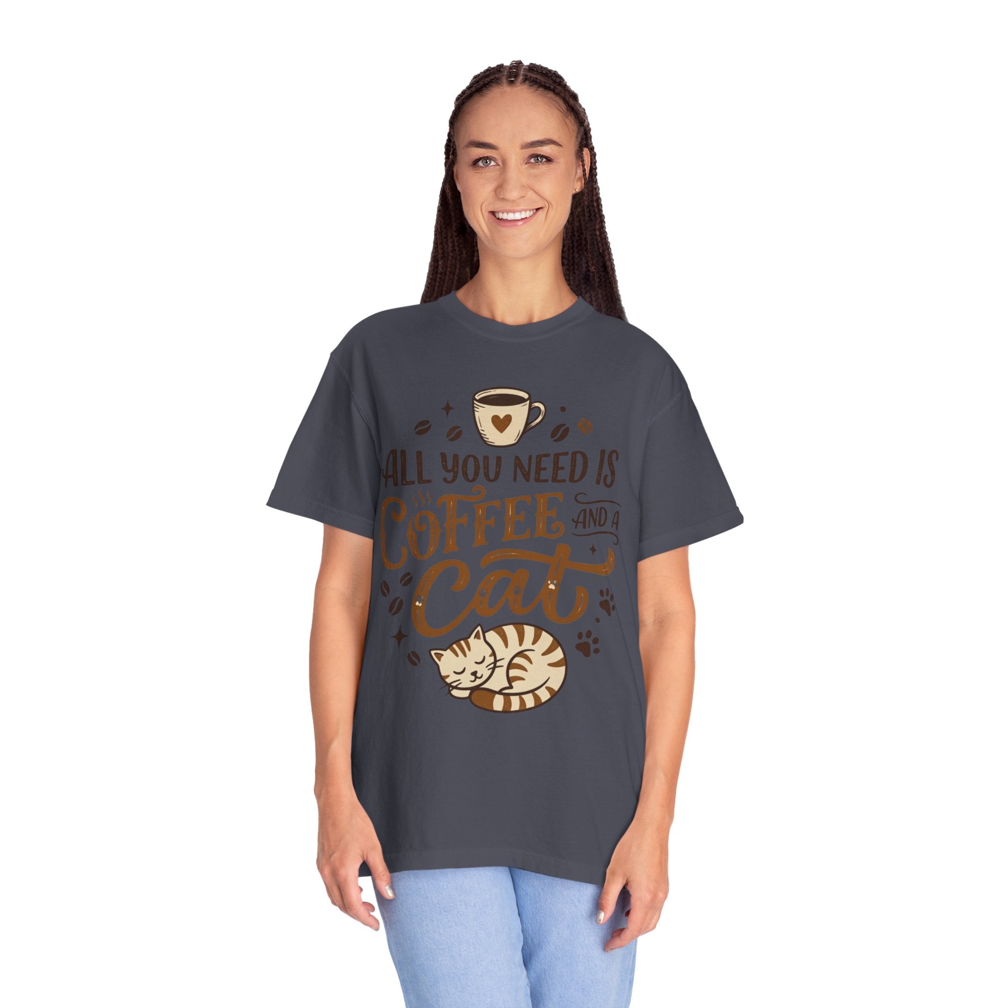 "All You Need is Coffee and a Cat" Unisex Garment-Dyed Tee