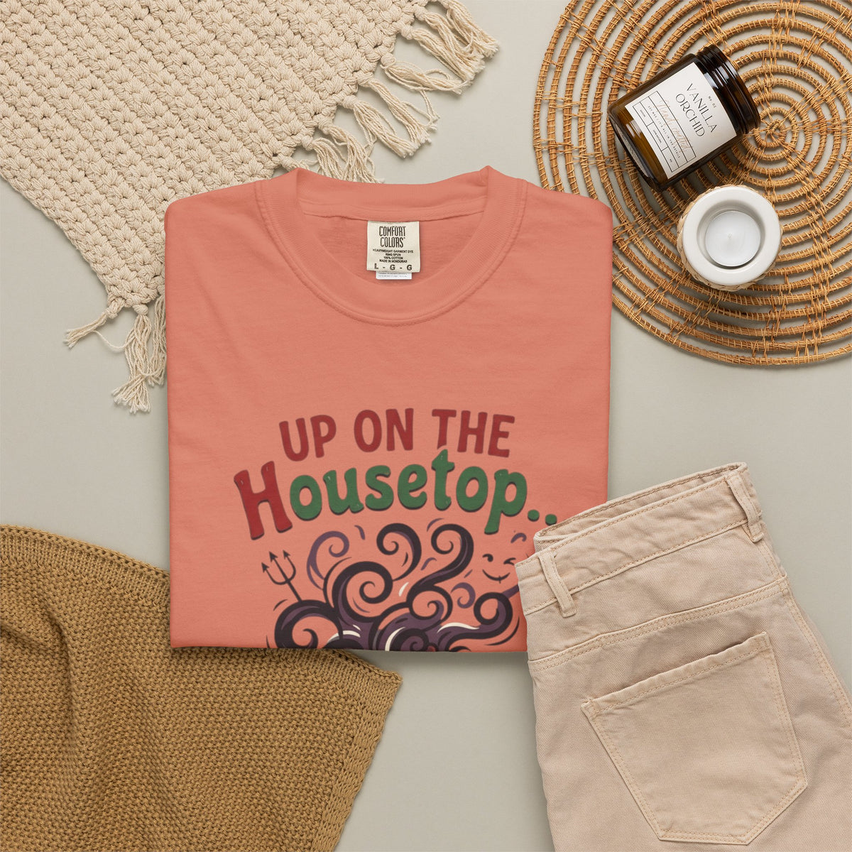 "Up On The Housetop Doing Naughty Stuff" Unisex Garment-Dyed Tee