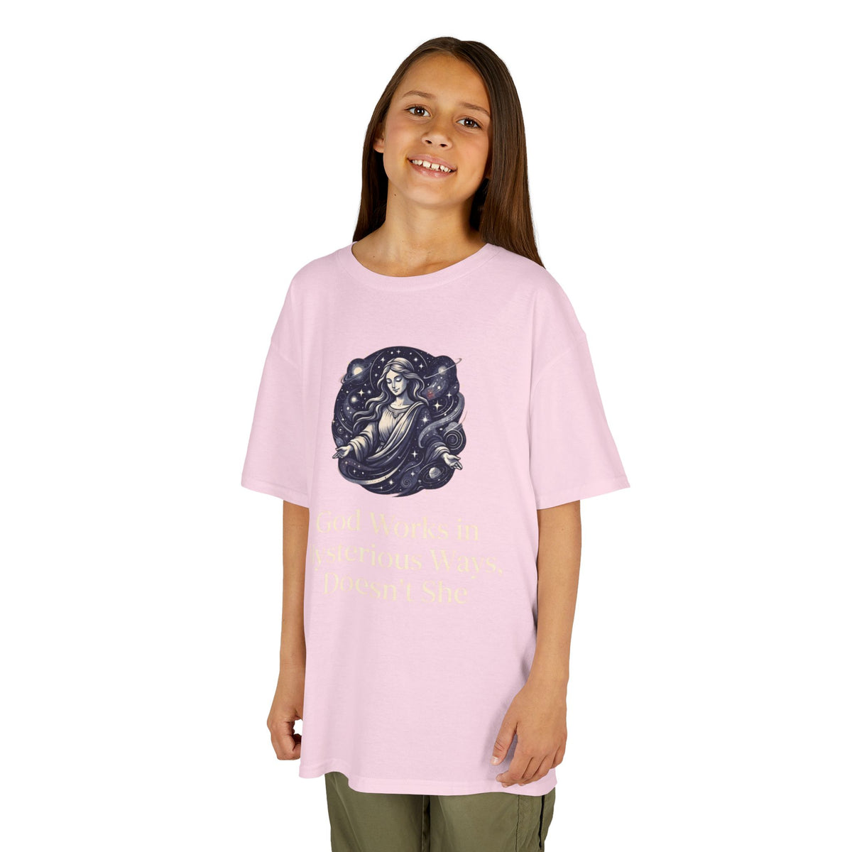 Color: Light Pink | God Works in Mysteroius Ways Kids Tee