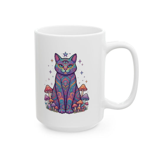 "Hippy Cat" White Ceramic Mug