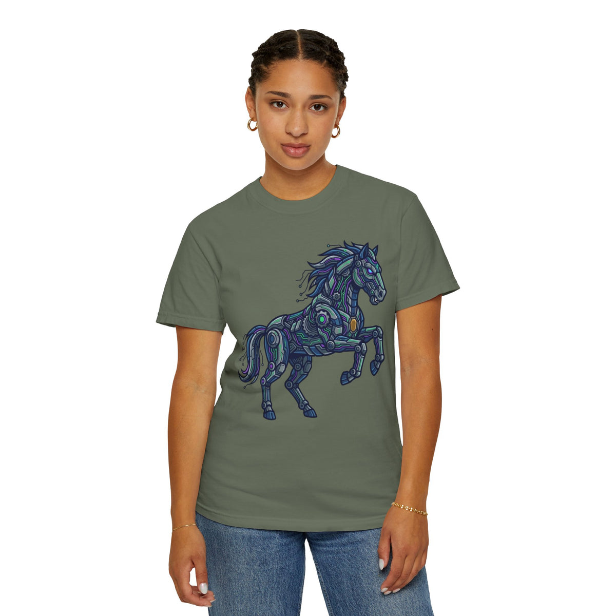 Color: Moss | Cyber Mustang Unisex Garment-Dyed Tee