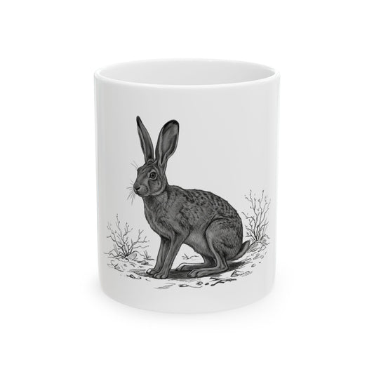 "Pencil Sketch Art Jack Rabbit" White Ceramic Mug