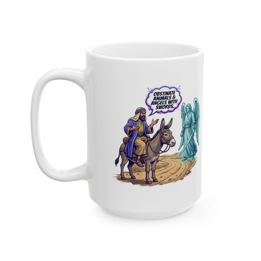 "Good Book Series Obstinate Animals & Angels With Swords" White Ceramic Mug