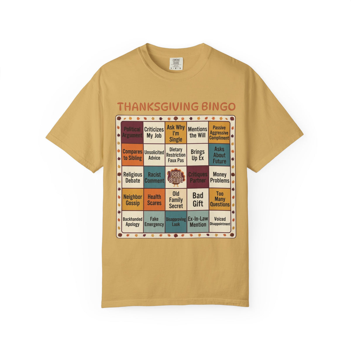 Color: Mustard | Thankgiving Bingo Unisex Garment-Dyed Tee