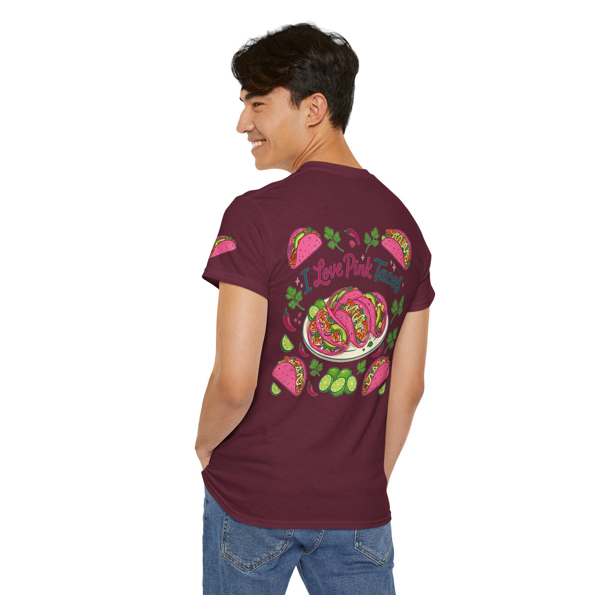 Color: Maroon | I Love Pink Tacos Premium Graphic Tee