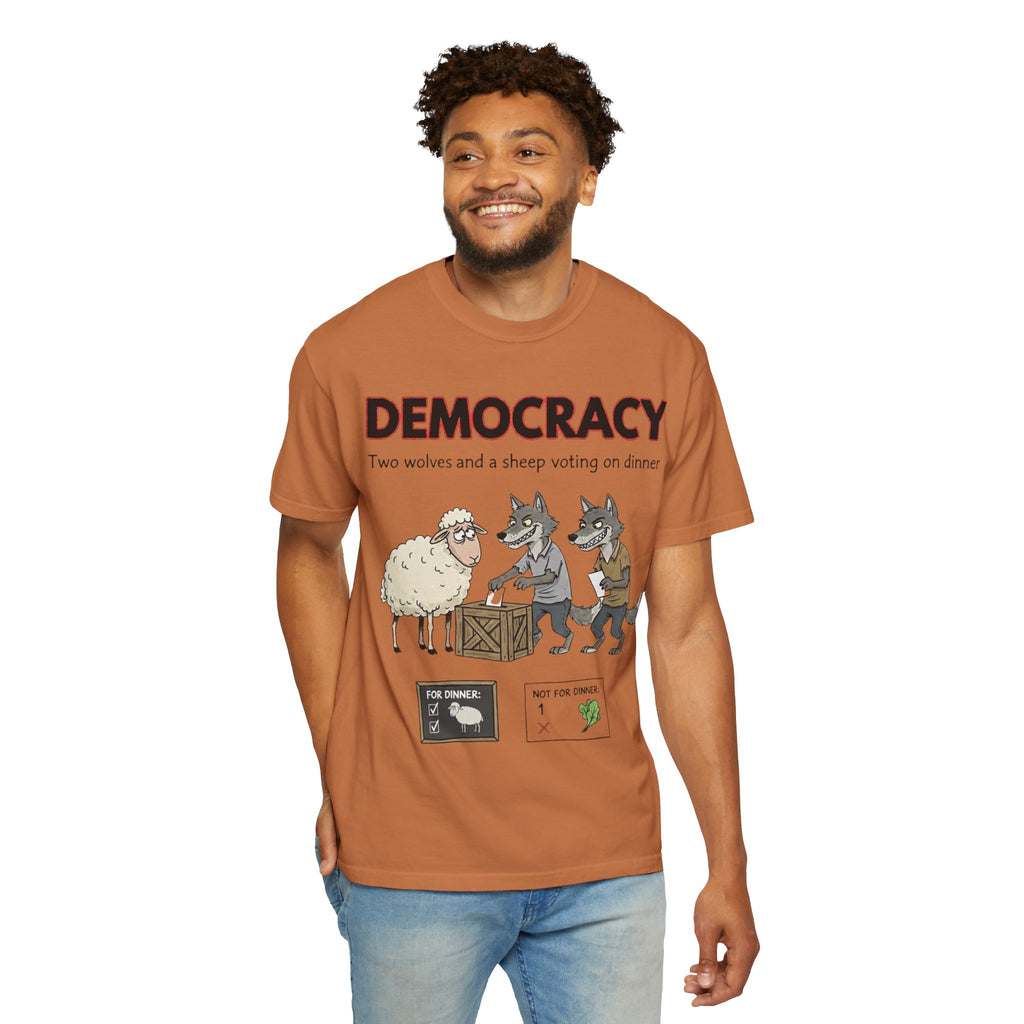 "Democracy (Two Wolves and a Sheep" Unisex Garment-Dyed T-shirt