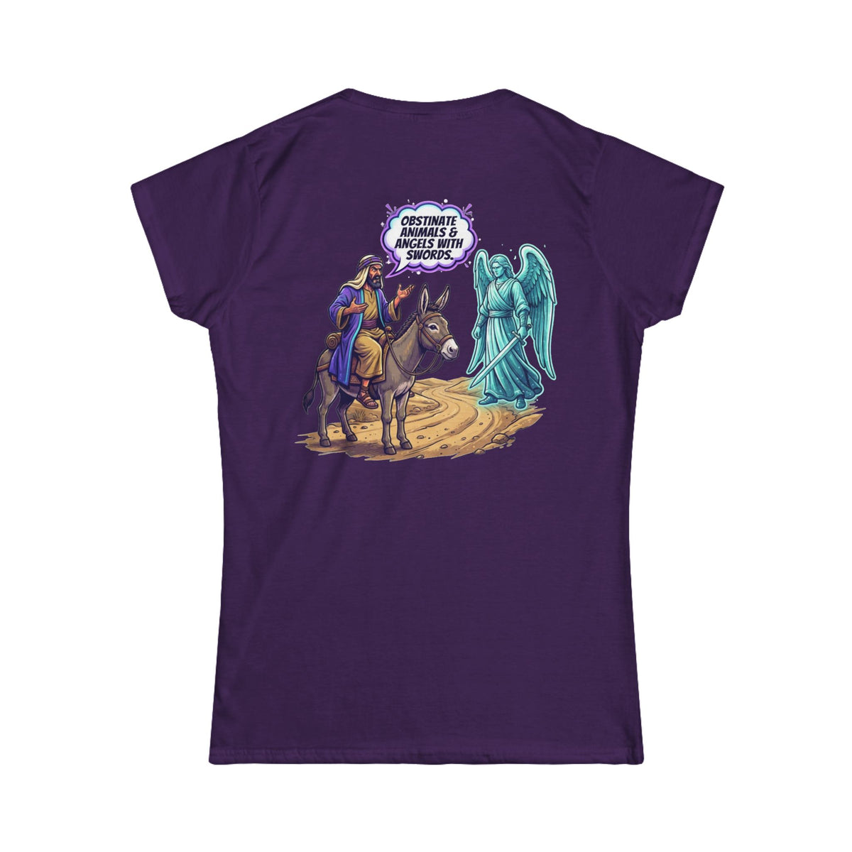 Color: Purple | Good Book Series Obstinate Animals & Angels With Swords Women's Tee