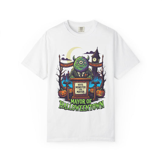 Color: White | Vote Monster For Mayor Unisex Garment-Dyed Tee