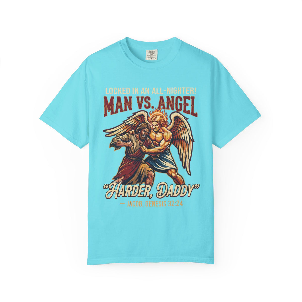 Color: Lagoon Blue | Good Book Series Man vs Angel Unisex Garment-Dyed Tee