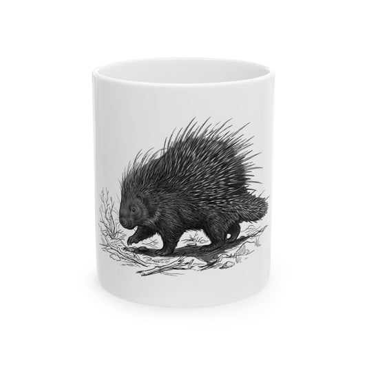 "Pencil Sketch Art Porcupine" White Ceramic Mug