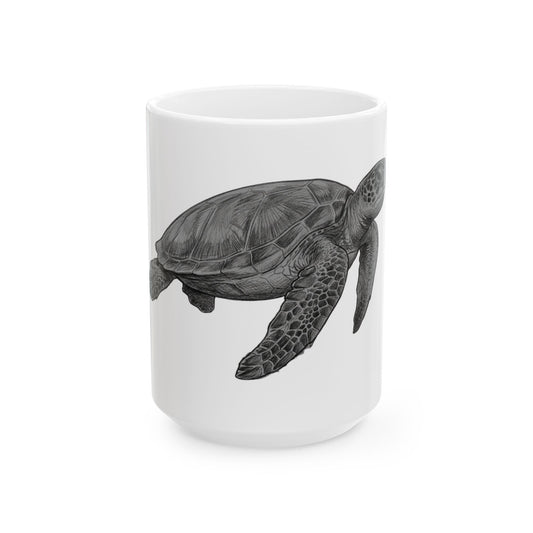 "Pencil Sketch Art Sea Turtle" White Ceramic Mug