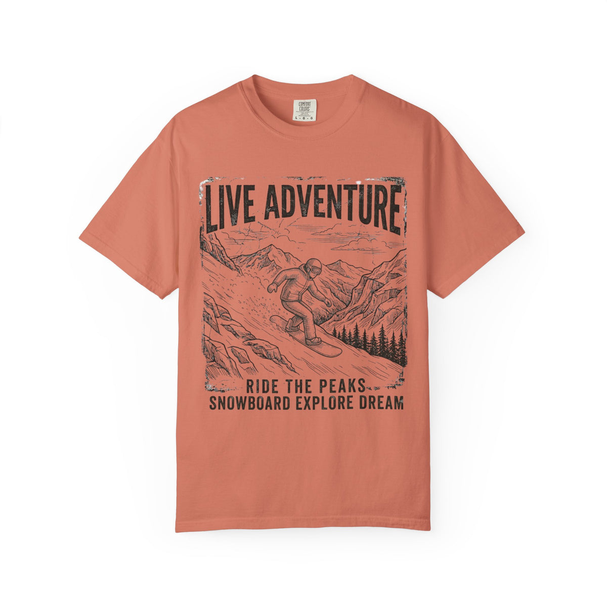 Color: Terracotta | Live Adventure - Snowboard Unisex Garment-Dyed Tee