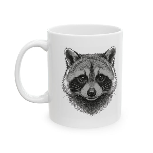"Pencil Sketch Art Raccoon" White Ceramic Mug — Graphic