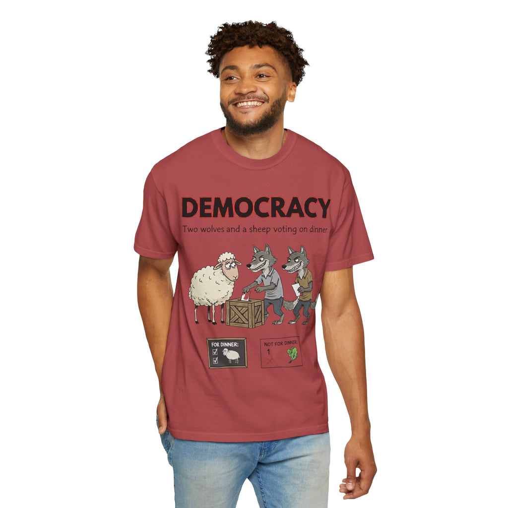 "Democracy (Two Wolves and a Sheep" Unisex Garment-Dyed T-shirt