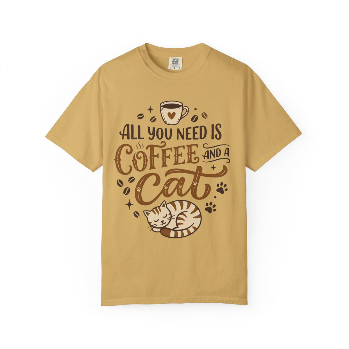 Color: Mustard | All You Need is Coffee and a Cat Unisex Garment-Dyed Tee
