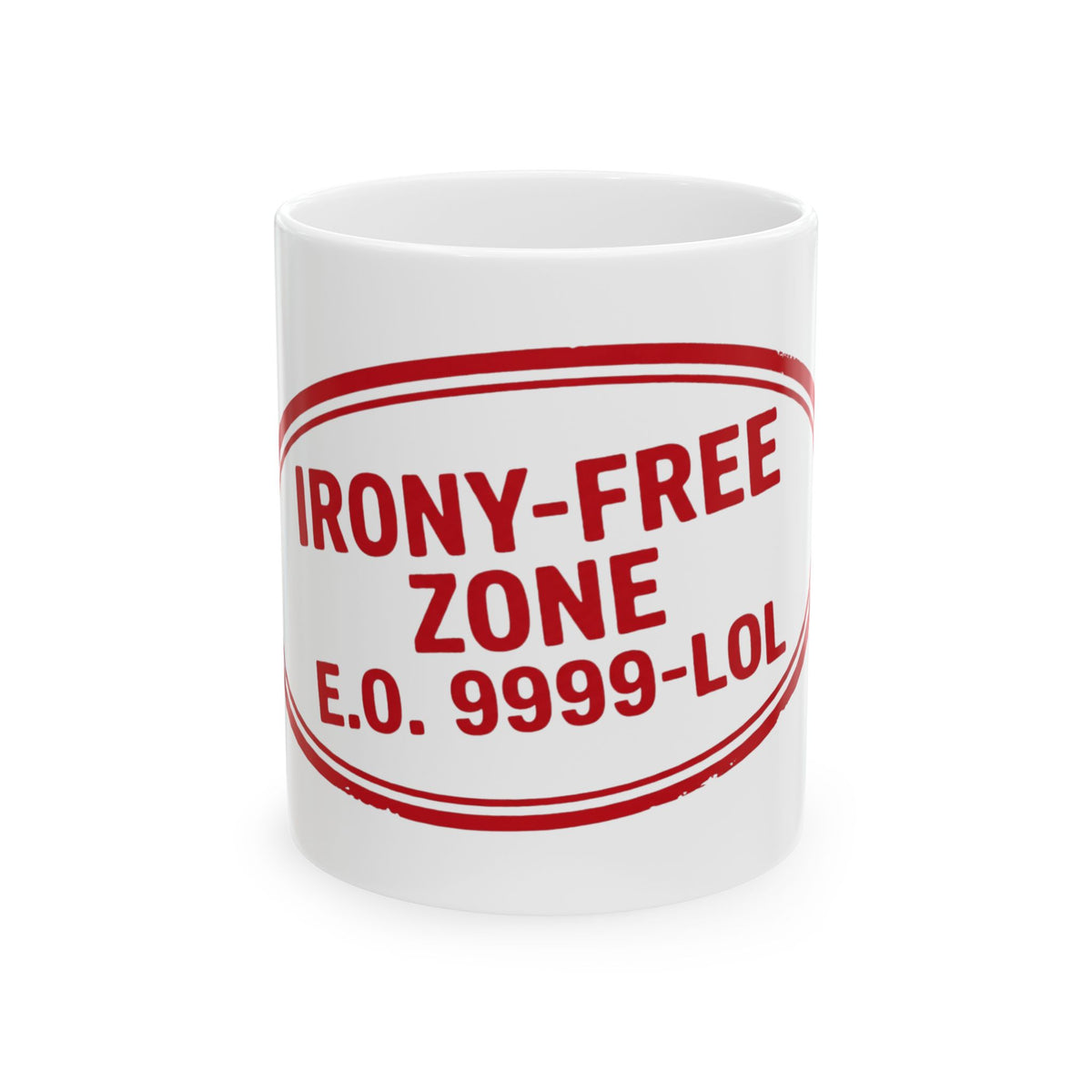 "Irony Free" White Ceramic Mug — Graphic