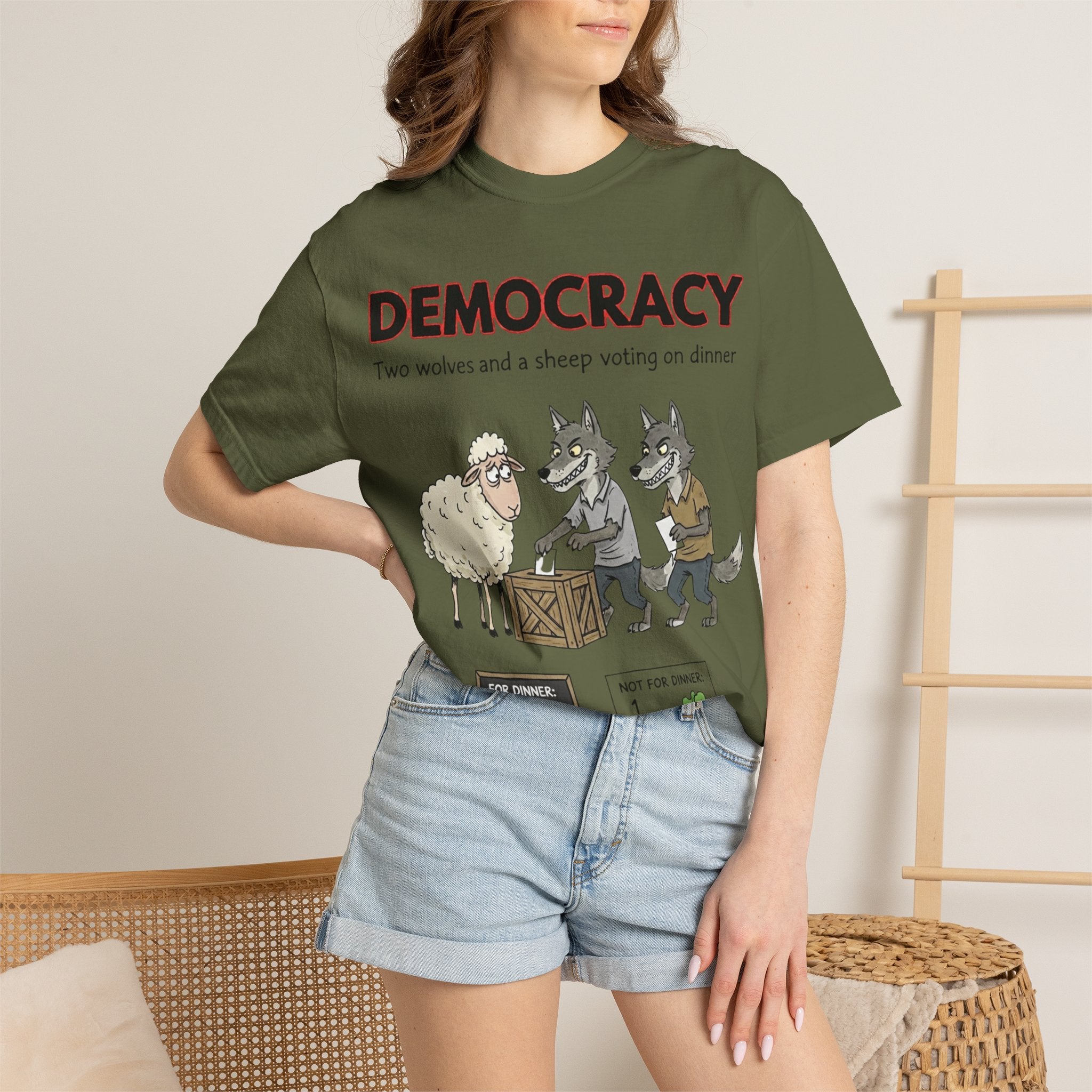 "Democracy (Two Wolves and a Sheep" Unisex Garment-Dyed T-shirt