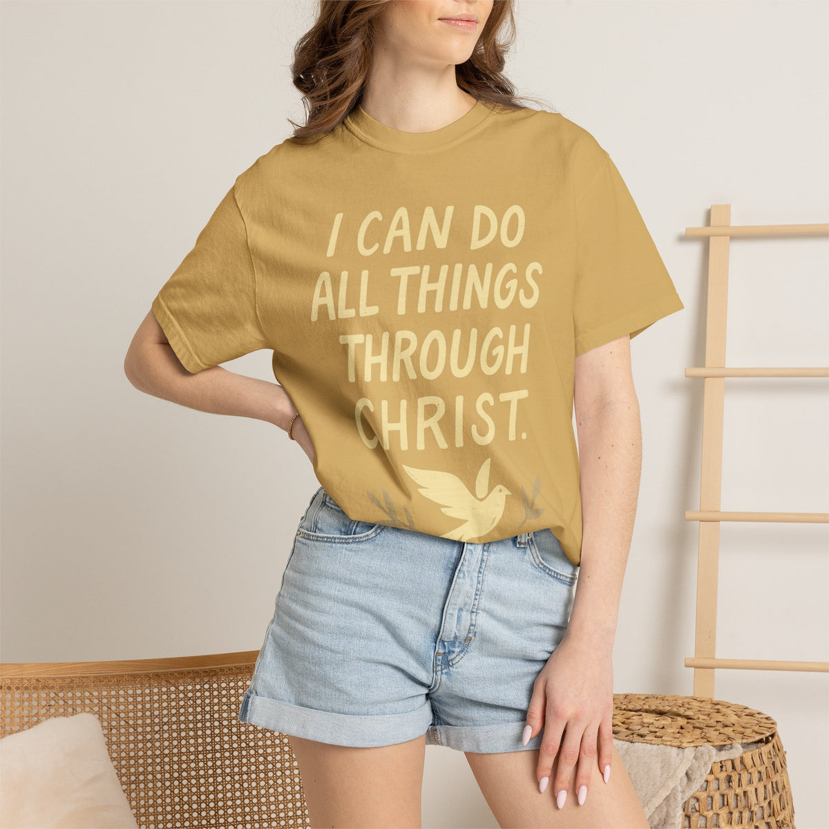 Color: Mustard | I Can Do All Things Through Christ – Philippians 4:13 Unisex Garment-Dyed T-shirt