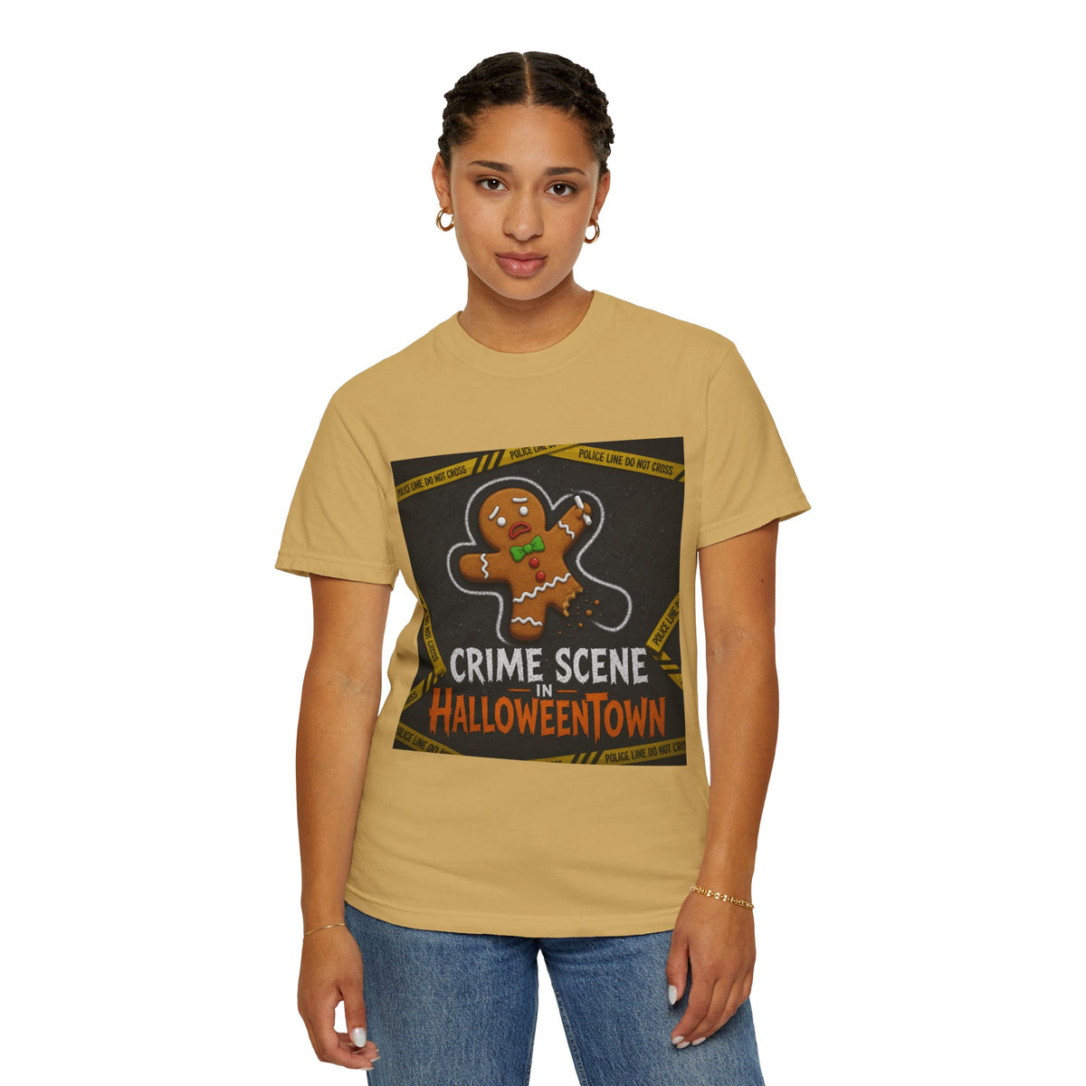 Color: Mustard | Crime Scene in Halloweentown Unisex Garment-Dyed Tee