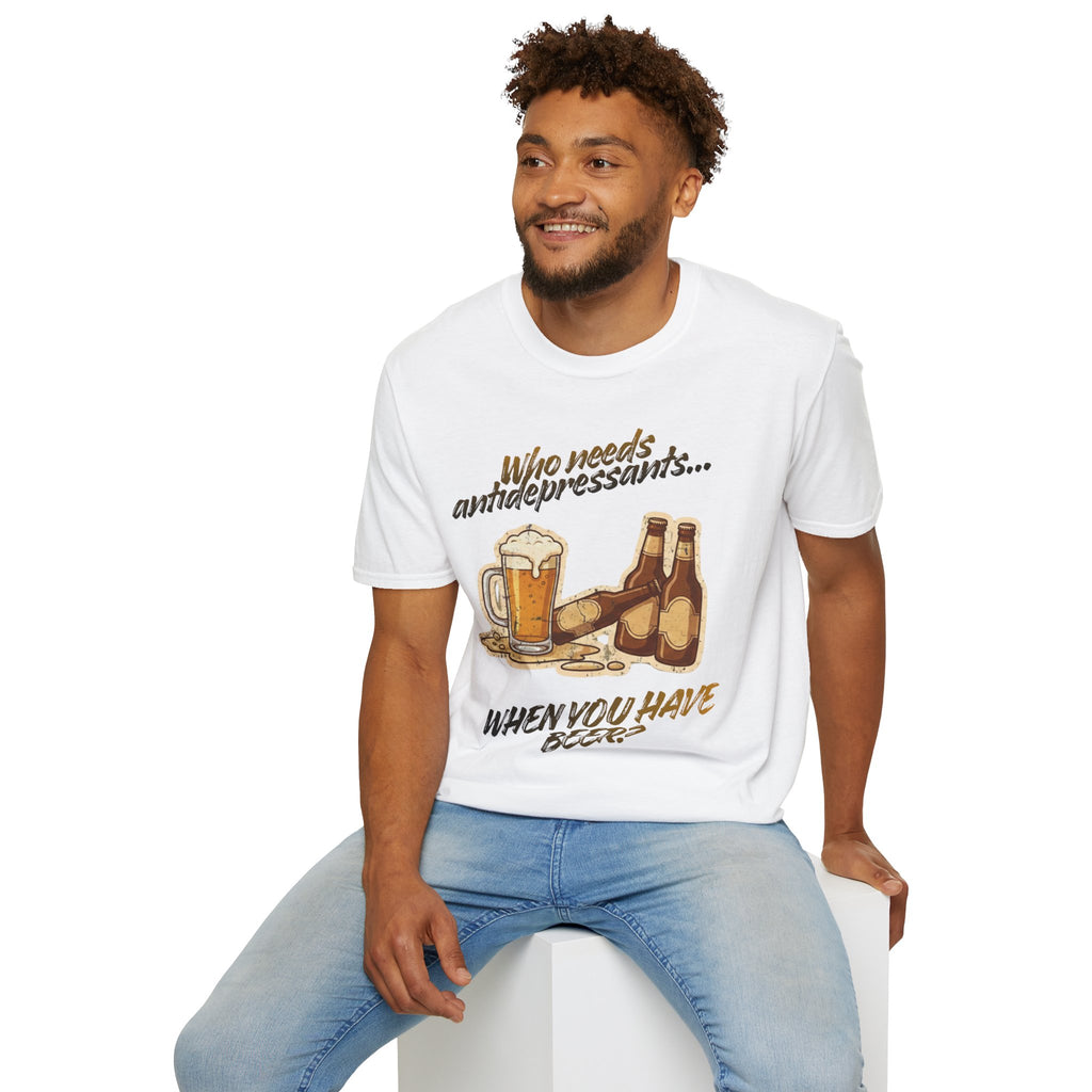 Beer Graphic T-Shirt — "Who Needs Antidepressants When You Have Beer?" Retro Pint Design