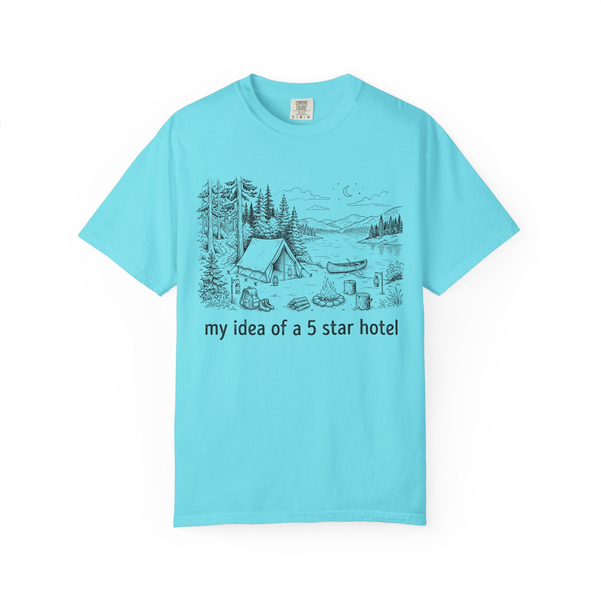 Color: Lagoon Blue | Five Star Hotel Black Line Art Unisex Garment-Dyed Tee