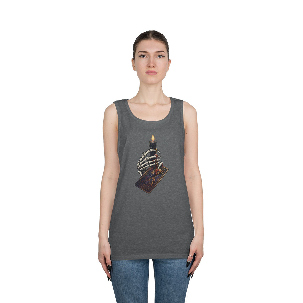 Color: Graphite Heather | Skeletal Hand And Tarot Card Tank Top